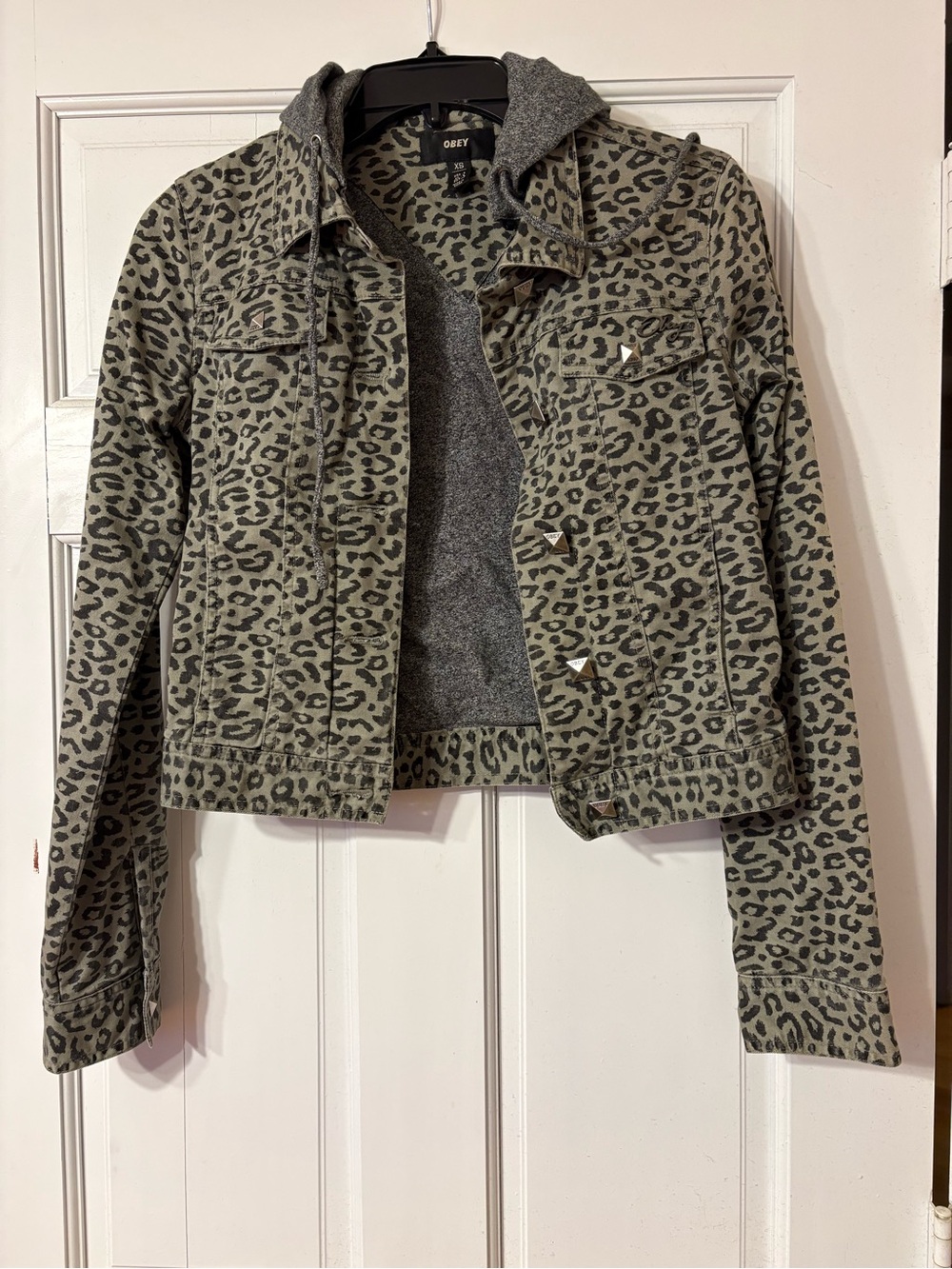 Obey Olive Green Leopard Print Jean Jacket with Gray Hood